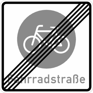 Ende einer Fahrradstraße Eine Straße speziell für Radler oder Inline-Skater. Autos dürfen nur fahren, wenn das ausnahmsweise durch ein Zusatzschild erlaubt ist – aber maximal mit Tempo 30. Autofahrer müssen Rücksicht auf Fahrradfahrer nehmen. Diese dürfen nebeneinander fahren.