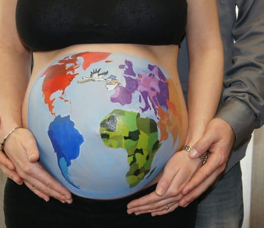 Bauch-Malerei Bellypaint Globus Welt Storch