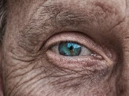 Haut Auge Iris Blau Älter Falten Faltige Haut
