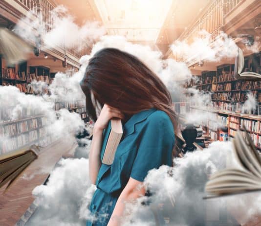 frau, bibliothek, bücher