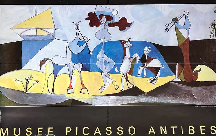 Picassos Meisterwerk ‚La Joie de Vivre‘ - ‚Lebensfreude‘ auf einem Poster des Picasso Museums in Antibes